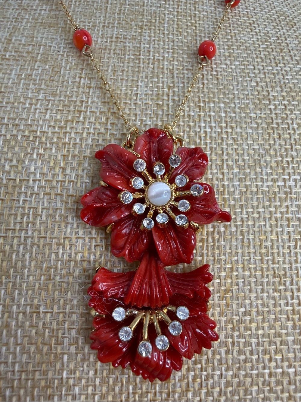 Vintage Joan Rivers Faux Coral Lucite Flower Pendant.